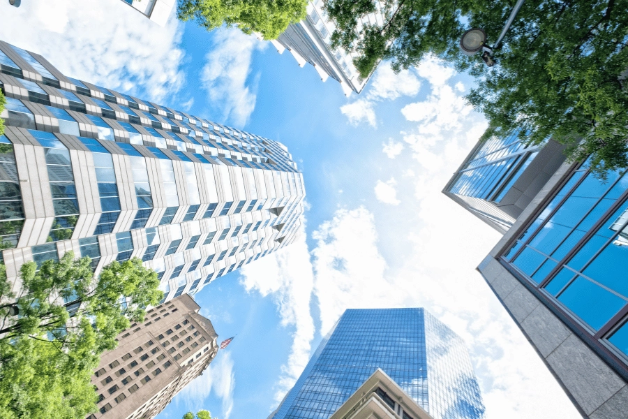 looking up at tall buildings in downtown Charlotte, NC